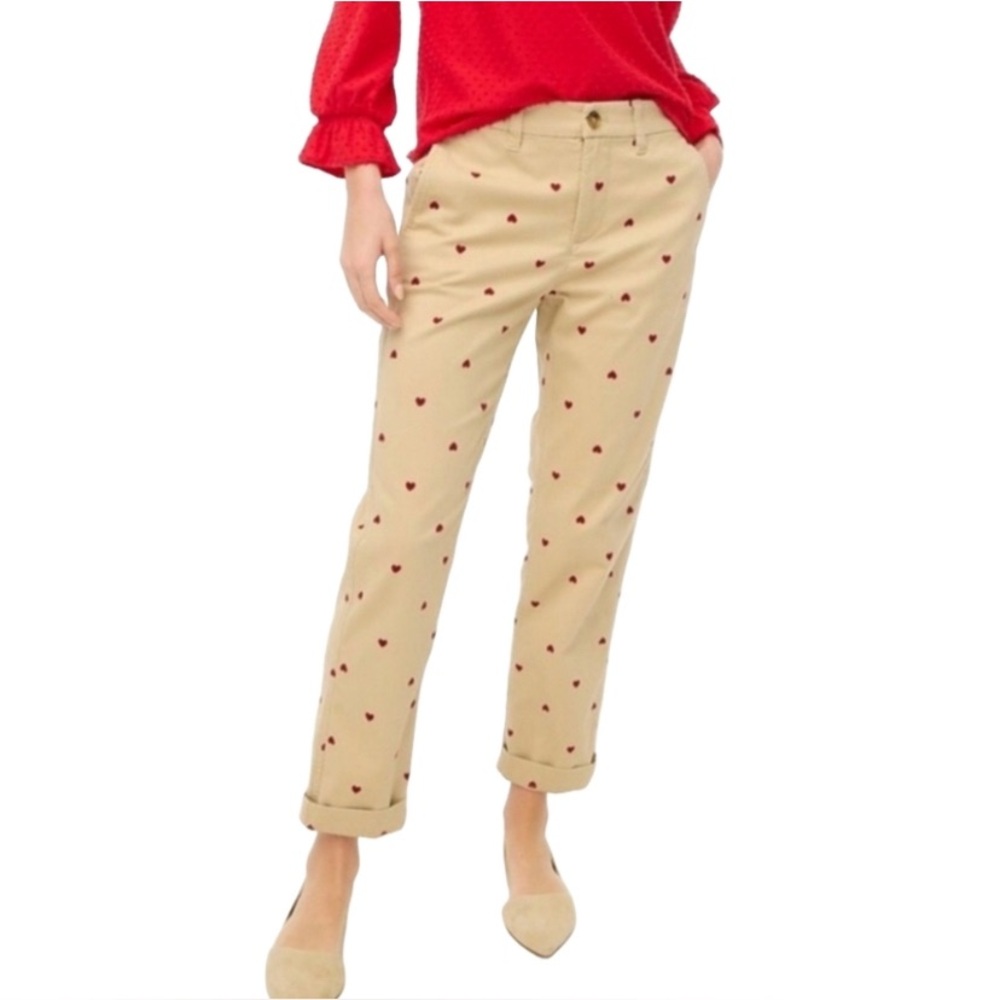 J. Crew Heart Printed High-Rise Girlfriend Chino Pant Size 8 Tan BU442 NWT